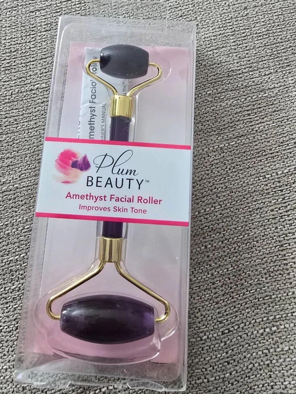 Plum Beauty Amethyst Natural Stone Facial Roller Massager NIB